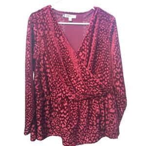 Jennifer Lopez Women Velvet Burnout Top Plus Size 1X Red Burgundy Surplice Shirt